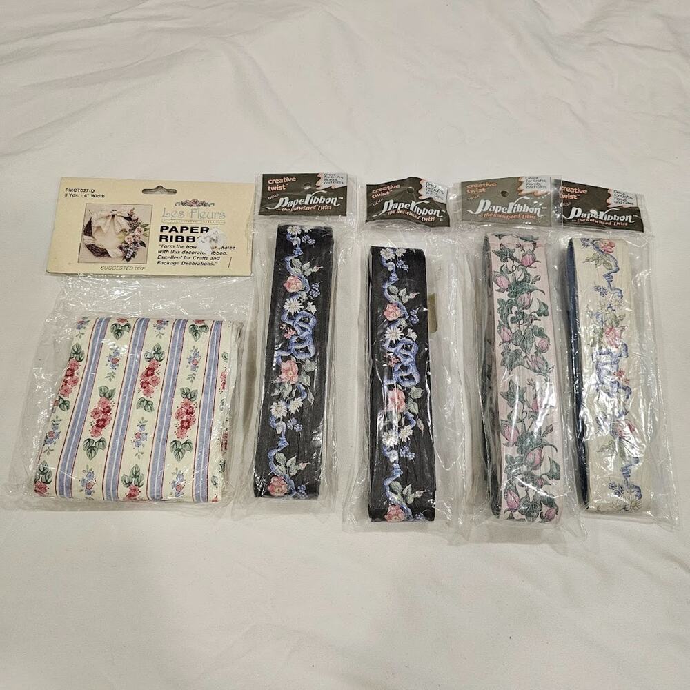 5 piece Epherma Vintage Craft Lot Paper Ribbon Flat Floral Black White 90s